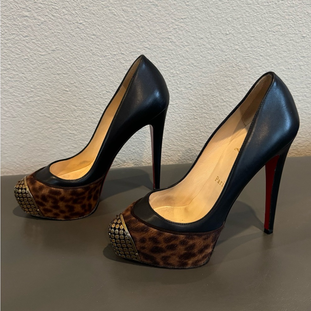 Christian Louboutin Black Maggie 140mm Leopard Pony Hair Heels Pumps 37.5 Gold